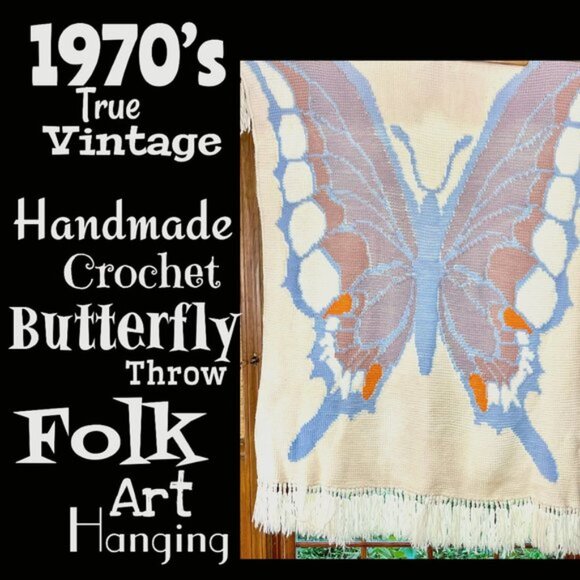 Vintage Other - ▪️VTG▪️Folk Art OOAK Handmade Crochet Butterfly Throw Twin Bed Festival Blanket